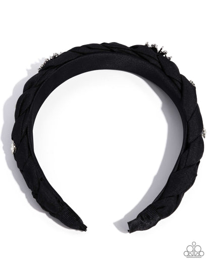 Adorable Accent - Black Ribbon White Rhinestone Headband - Paparazzi Accessories