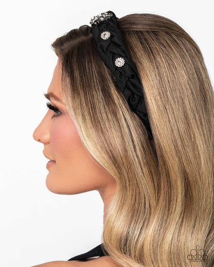 Adorable Accent - Black Ribbon White Rhinestone Headband - Paparazzi Accessories