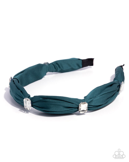 Bourgeois Bling - Green Ribbon, White Rhinestone Headband - Paparazzi Accessories