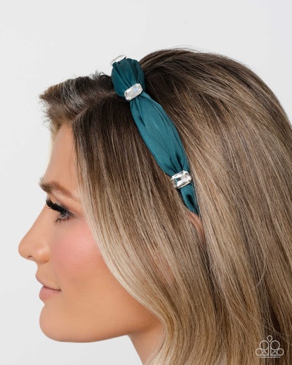 Bourgeois Bling - Green Ribbon, White Rhinestone Headband - Paparazzi Accessories