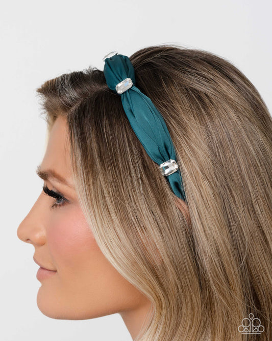 Bourgeois Bling - Green Ribbon, White Rhinestone Headband - Paparazzi Accessories