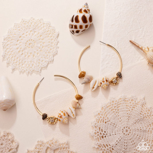 Seashell Sonnet - Gold - Seashell & Pearl Hoop Earrings - June 2025 Life of the Party Exclusive - Paparazzi Accessories