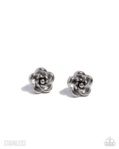 Royal Grounds - Silver - Stainless Steel Rose Post Back Earrings - Paparazzi Accessories