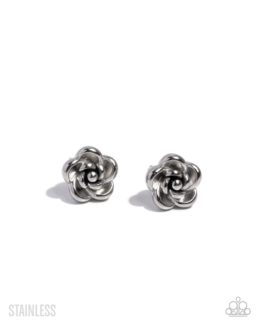 Royal Grounds - Silver - Stainless Steel Rose Post Back Earrings - Paparazzi Accessories