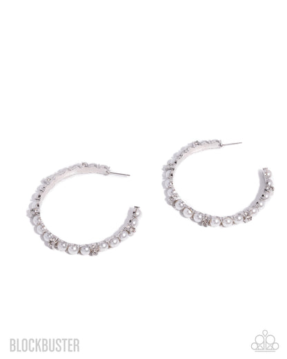 Classical Ballet - White Pearl and Rhinestone, Silver Hoop Earrings - Paparazzi Accessories
