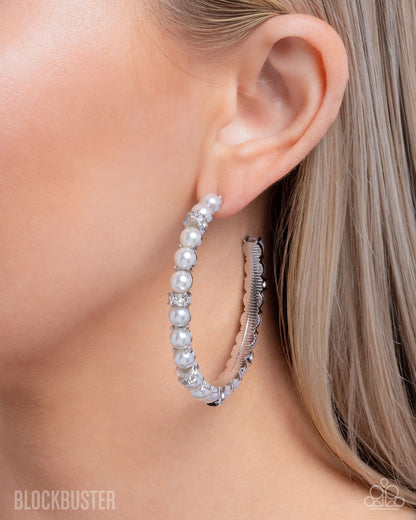 Classical Ballet - White Pearl and Rhinestone, Silver Hoop Earrings - Paparazzi Accessories