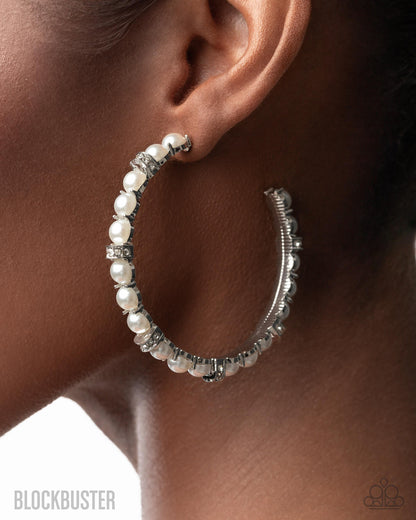 Classical Ballet - White Pearl and Rhinestone, Silver Hoop Earrings - Paparazzi Accessories