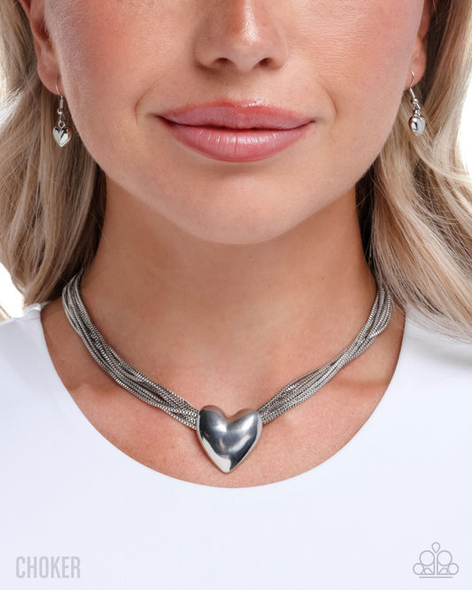 Gathered Galentine - Silver Heart, Multi Chain Necklace - Paparazzi Accessories