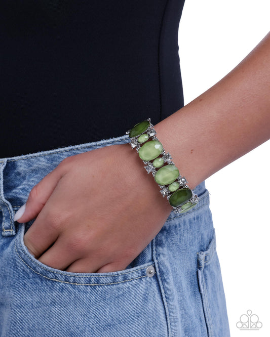 Moderate Moment - Green Acrylic Silver Stretchy Bracelet - Paparazzi Accessories