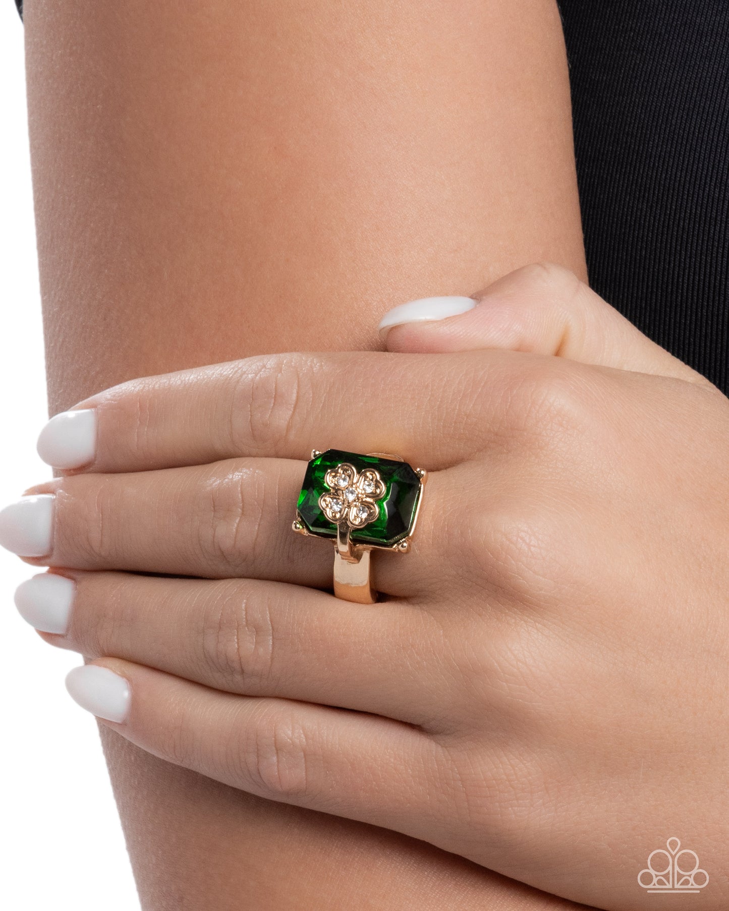 St. Patricks Shimmer - Gold Ring, Emeral Green Rhinestone Ring - Paparazzi Accessories