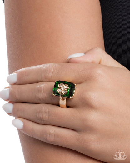 St. Patricks Shimmer - Gold Ring, Emeral Green Rhinestone Ring - Paparazzi Accessories