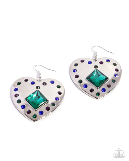 Lovely Lights - Green, Purple, Blue Rhinestone Silver Heart Fishhook Earrings - Paparazzi Accessories