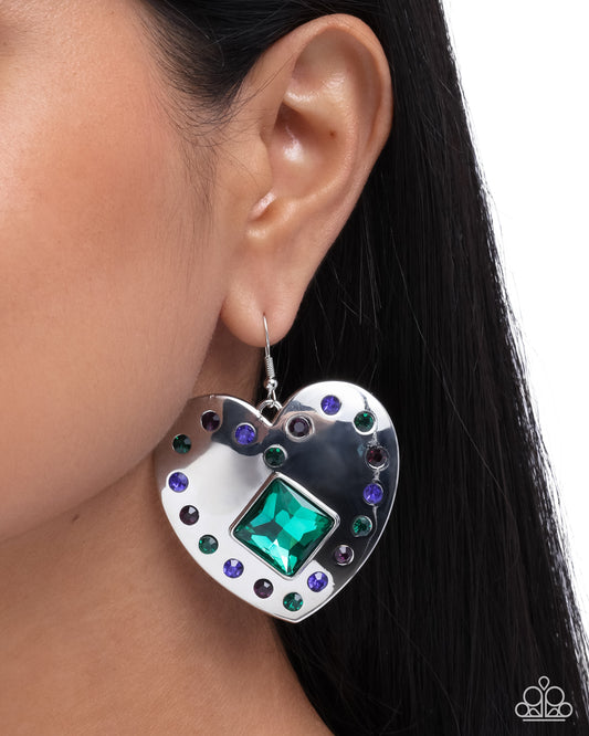 Lovely Lights - Green, Purple, Blue Rhinestone Silver Heart Fishhook Earrings - Paparazzi Accessories