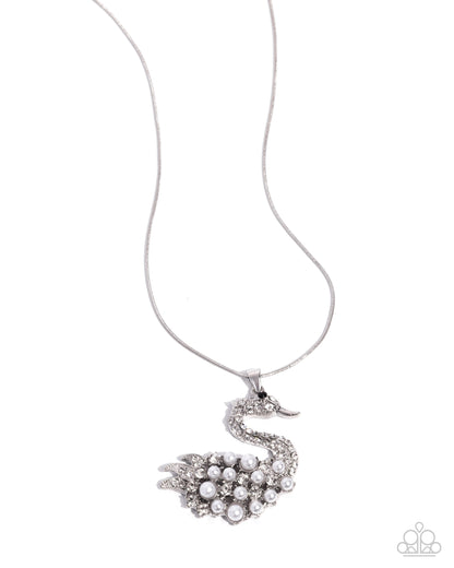 Swan Shimmer - White Pearl, Silver Swan Necklace - Paparazzi Accessories