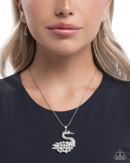 Swan Shimmer - White Pearl, Silver Swan Necklace - Paparazzi Accessories