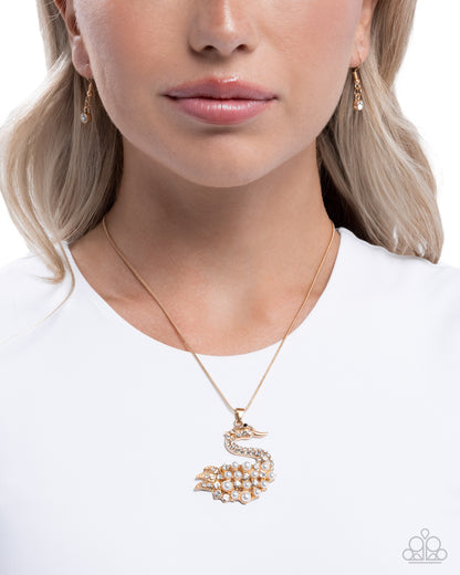 Swan Shimmer - Gold, White Pearl Swan Necklace - Paparazzi Accessories