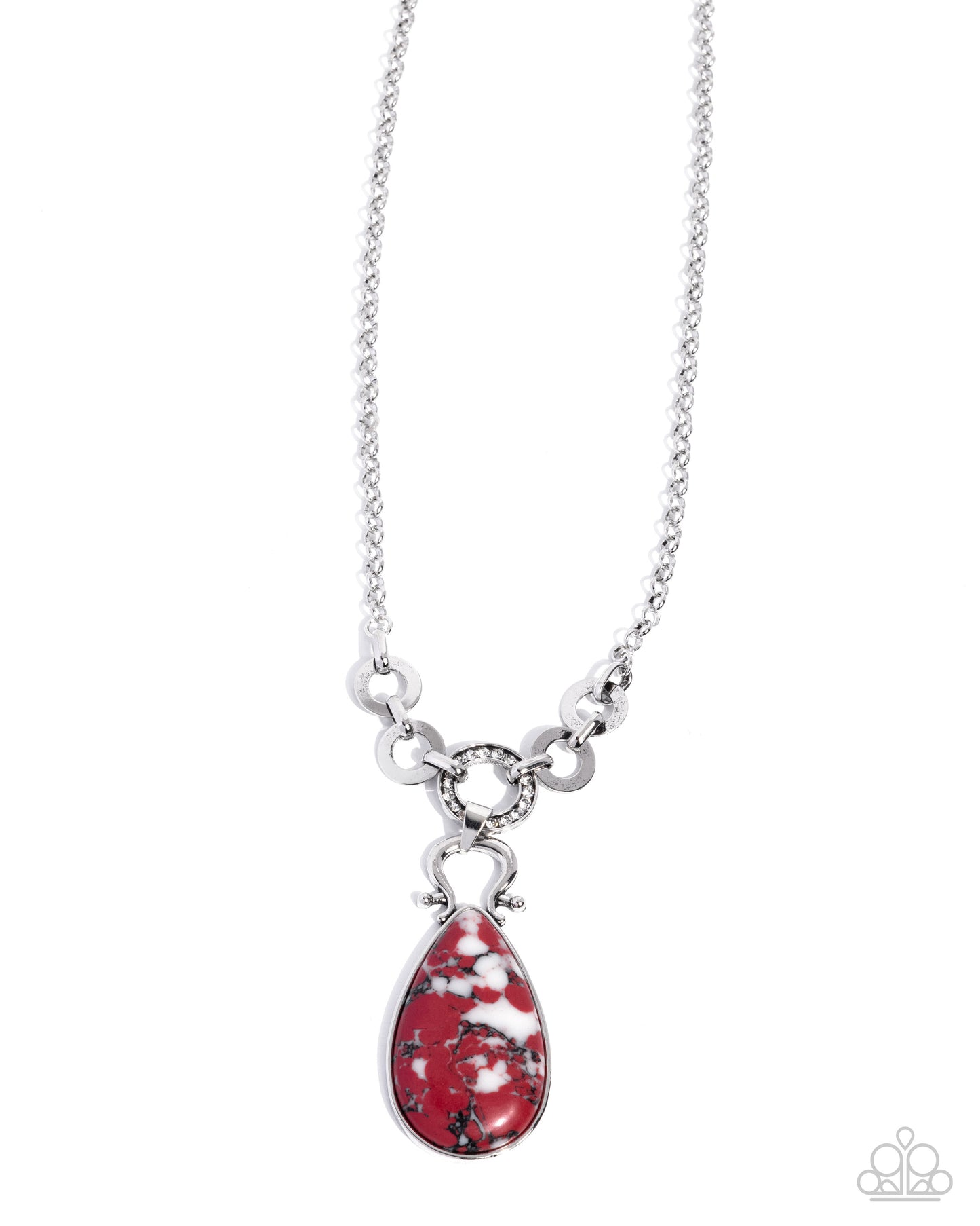 Tough Teardrop - Red Marbled Stone Teardrop Pendant Silver Necklace - Paparazzi Accessories
