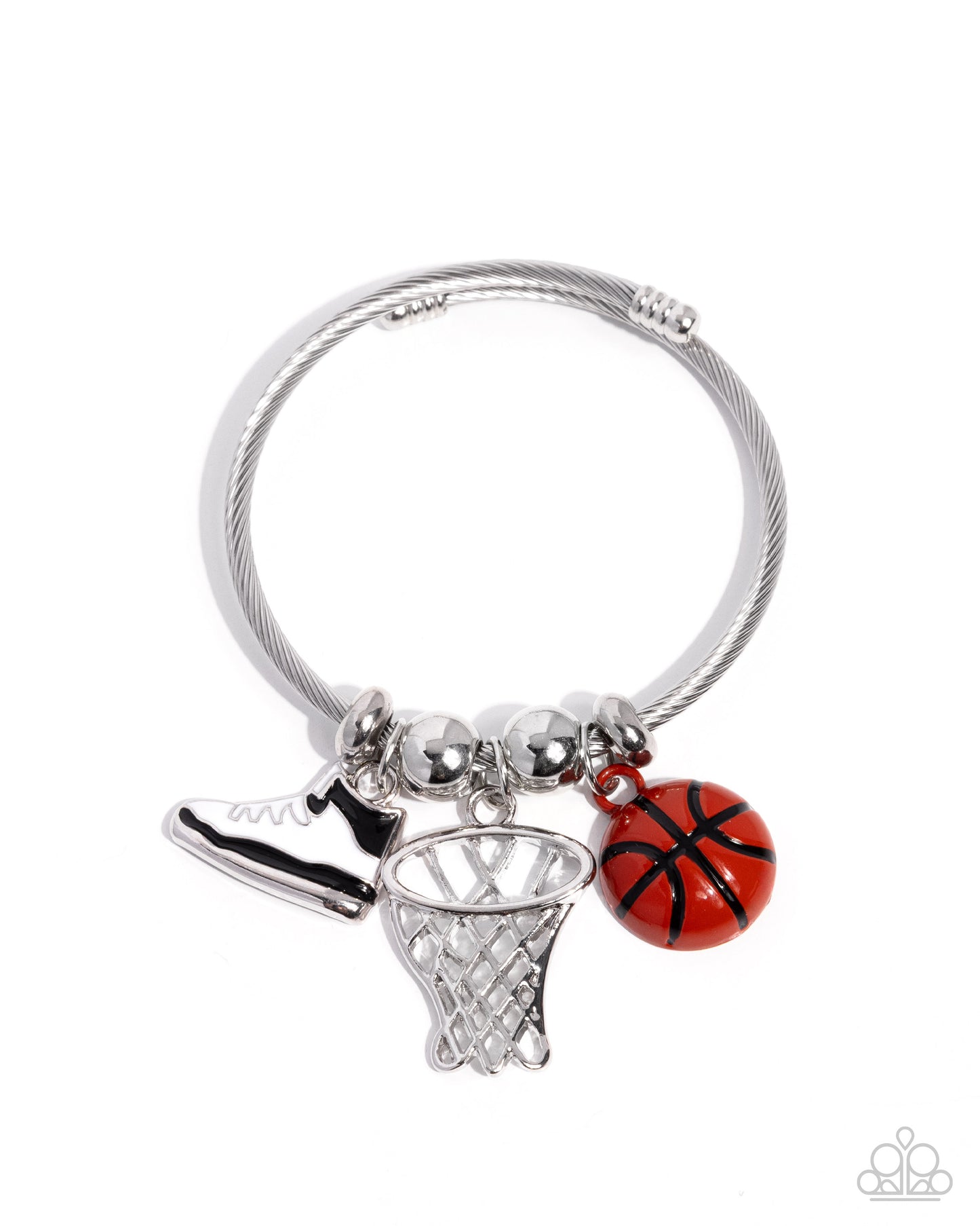 Full Court Advantage - Orange Enamel Basketball Charms Silver Flex Cuff Bracelet - Paparazzi Accessories