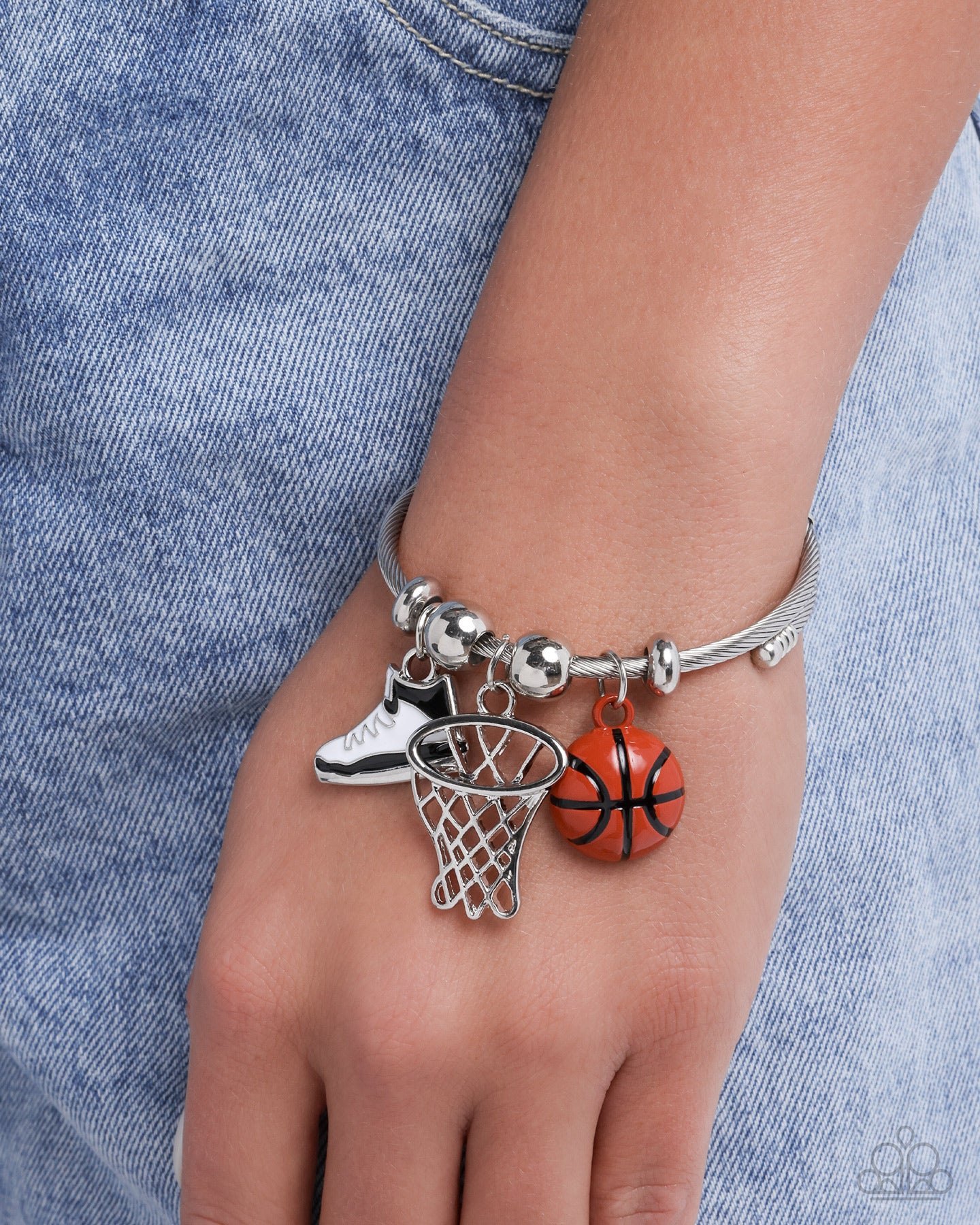 Full Court Advantage - Orange Enamel Basketball Charms Silver Flex Cuff Bracelet - Paparazzi Accessories