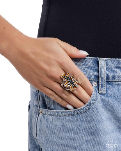 Thankful Treasure - Green, Yellow & Orange Enamel Leaf Ring - Paparazzi Accessories