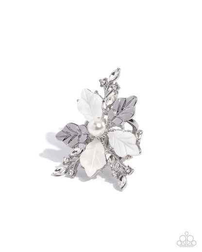 Respectful Radiance - White Pearl Silver Flower Ring - Paparazzi Accessories