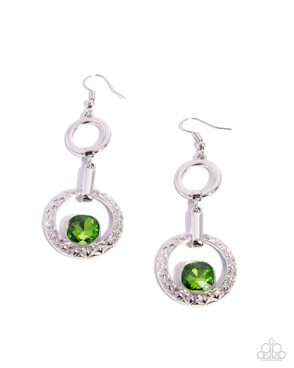 Center Cascade - Green Rhinestone, Silver Fishhook back Earrings - Paparazzi Accessories