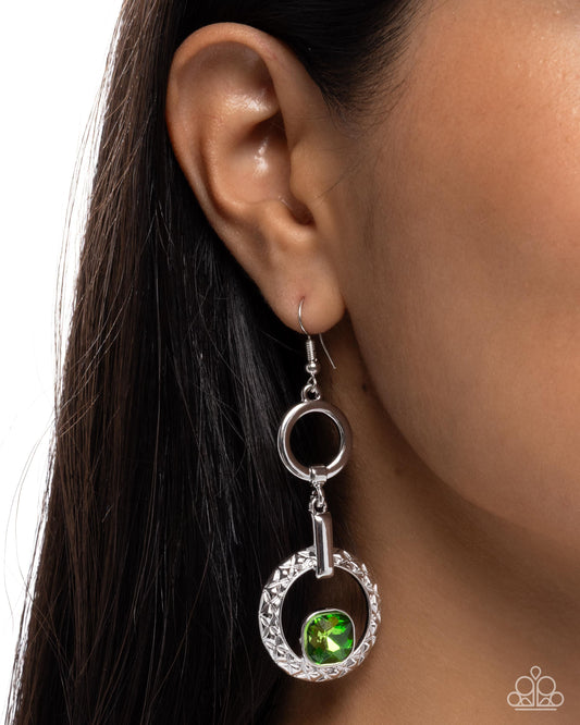 Center Cascade - Green Rhinestone, Silver Fishhook back Earrings - Paparazzi Accessories