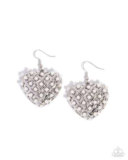 Woven Delight - White Pearl, Silver Heart Earrings - Paparazzi Accessories
