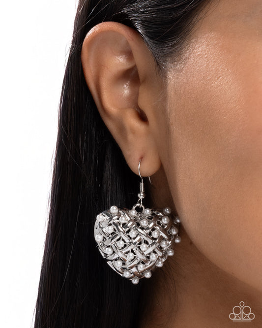 Woven Delight - White Pearl, Silver Heart Earrings - Paparazzi Accessories