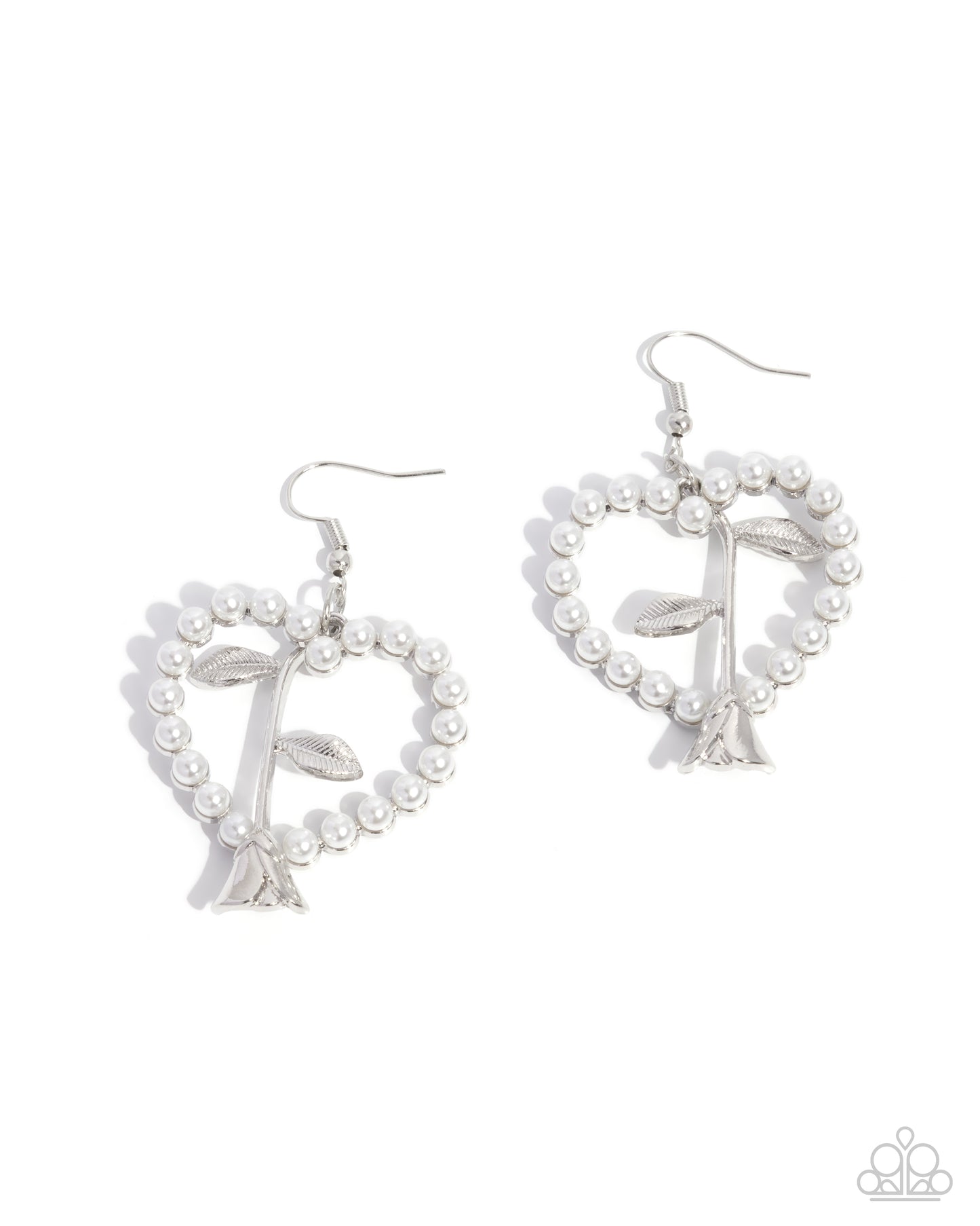 Feminine Fame - White Pearl Heart Silver Rose Fishhook Earrings - Paparazzi Accessories