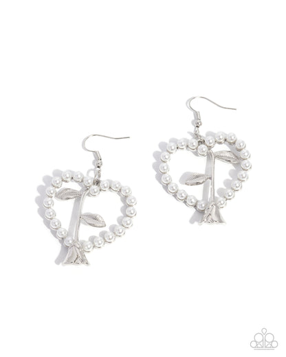 Feminine Fame - White Pearl Heart Silver Rose Fishhook Earrings - Paparazzi Accessories