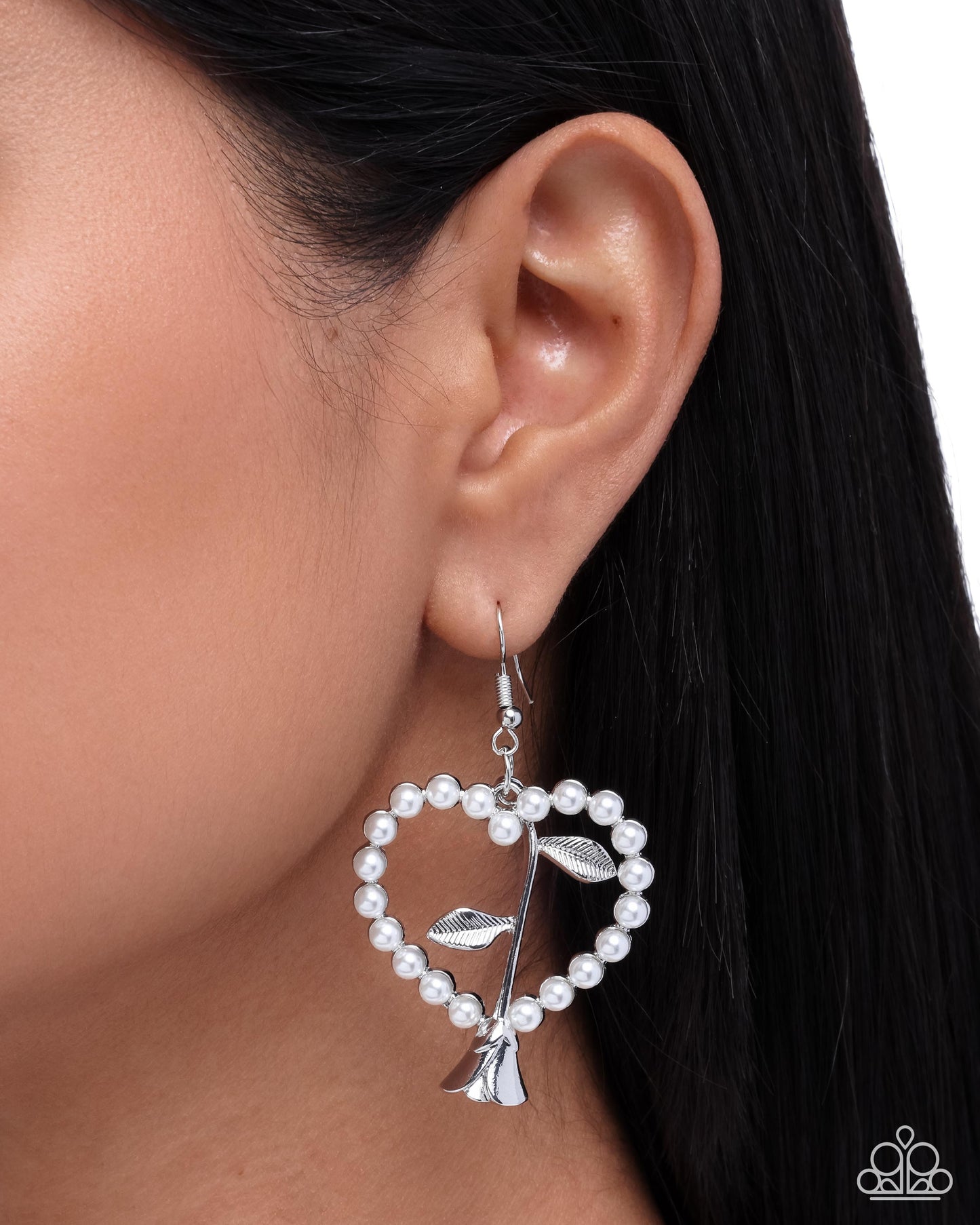 Feminine Fame - White Pearl Heart Silver Rose Fishhook Earrings - Paparazzi Accessories