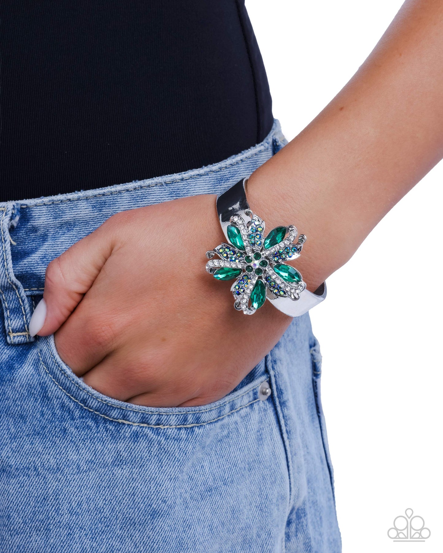 Encased Elite - Green Rhinestone Silver Hinge Bracelet - Paparazzi Accessories