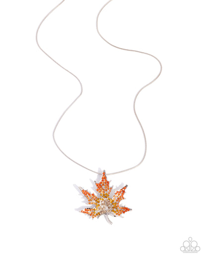 Maple Moment - Orange Rhinestone Leaf Silver Pendant Necklace - Paparazzi Accessories