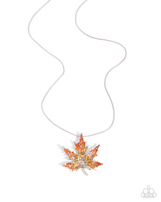 Maple Moment - Orange Rhinestone Leaf Silver Pendant Necklace - Paparazzi Accessories