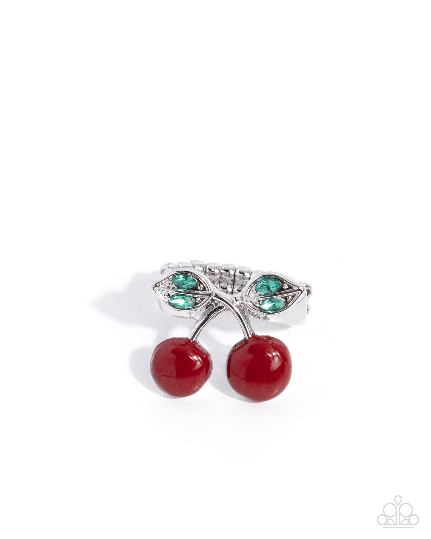 Celebratory Cherries - Red Cherry Green Rhinestone Silver Ring - Paparazzi Accessories