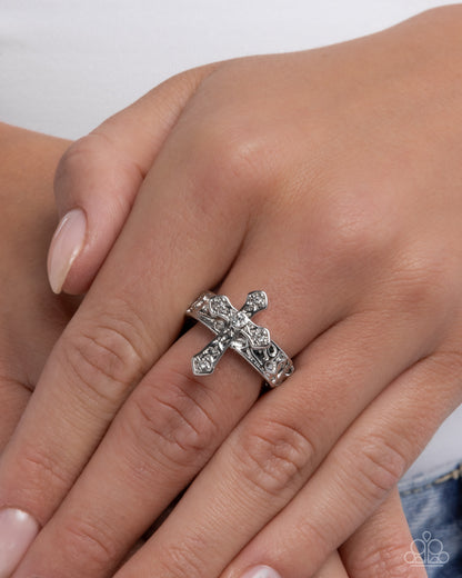Holy Haute - White Rhinestone, Silver Cross Ring - Paparazzi Accessories