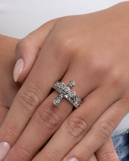 Holy Haute - White Rhinestone, Silver Cross Ring - Paparazzi Accessories