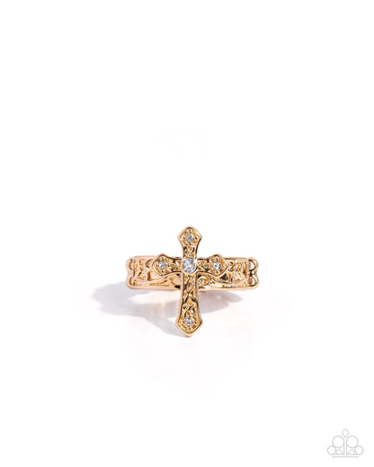 Holy Haute - Gold and White Rhinestone Cross Ring - Paparazzi Accessories
