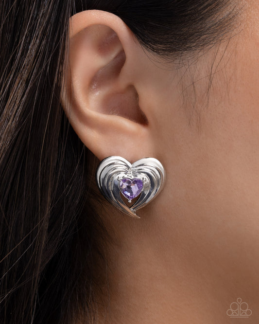 Daring Damsel - Purple Rhinestone, Silver Heart Earrings - Paparazzi Accessories