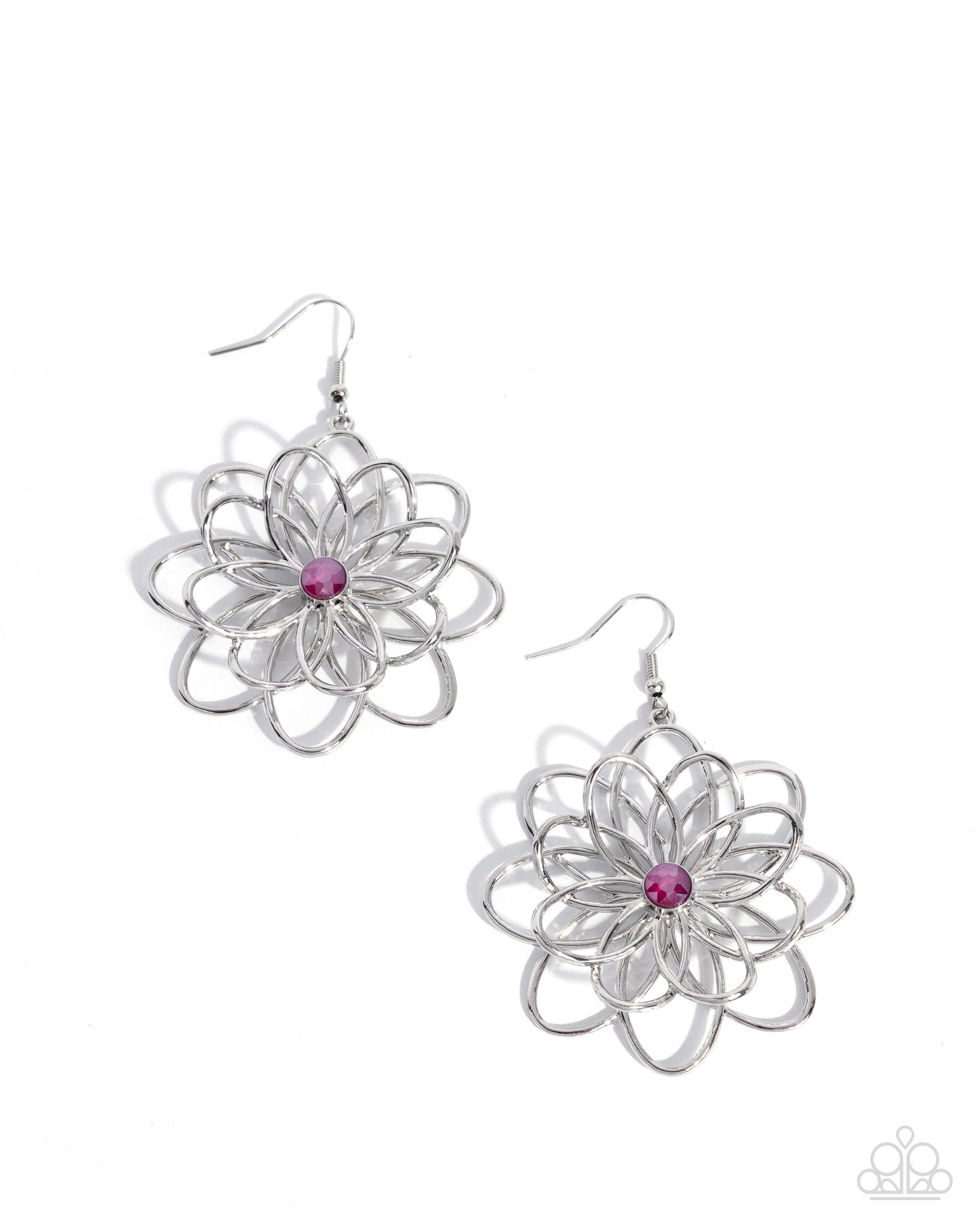 Malibu Mode - Pink Rhinestone Silver Flower Fishhook Earrings - Paparazzi Accessories