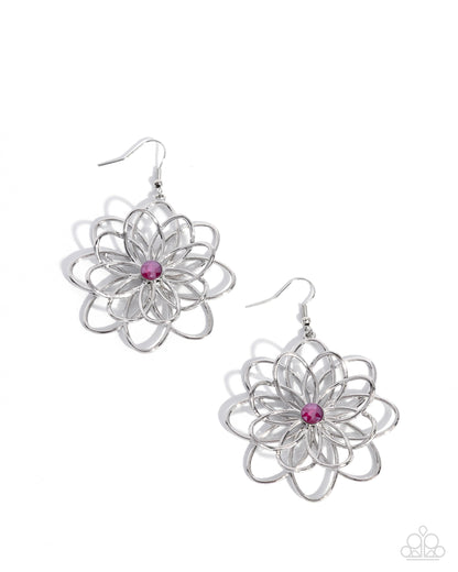Malibu Mode - Pink Rhinestone Silver Flower Fishhook Earrings - Paparazzi Accessories