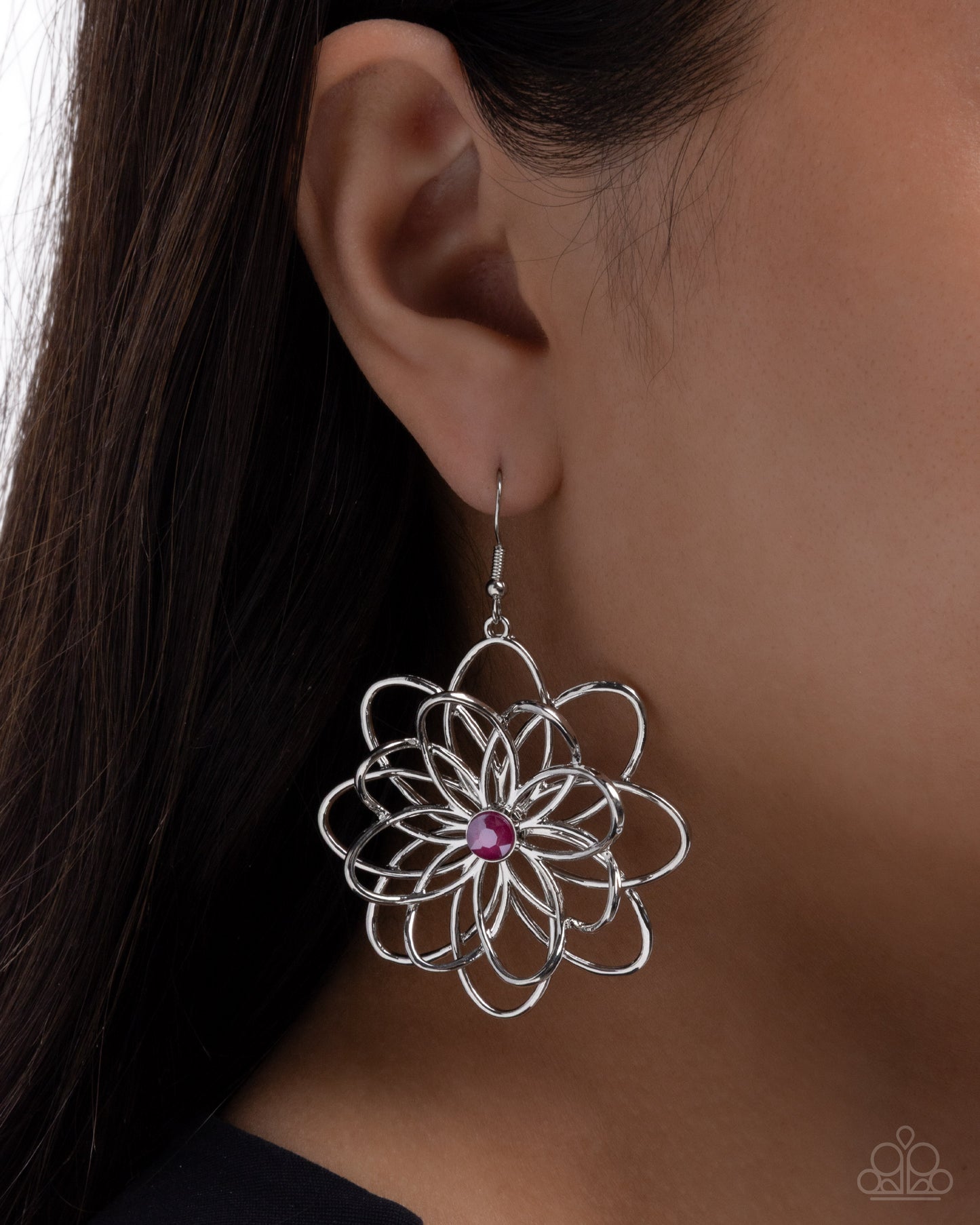 Malibu Mode - Pink Rhinestone Silver Flower Fishhook Earrings - Paparazzi Accessories