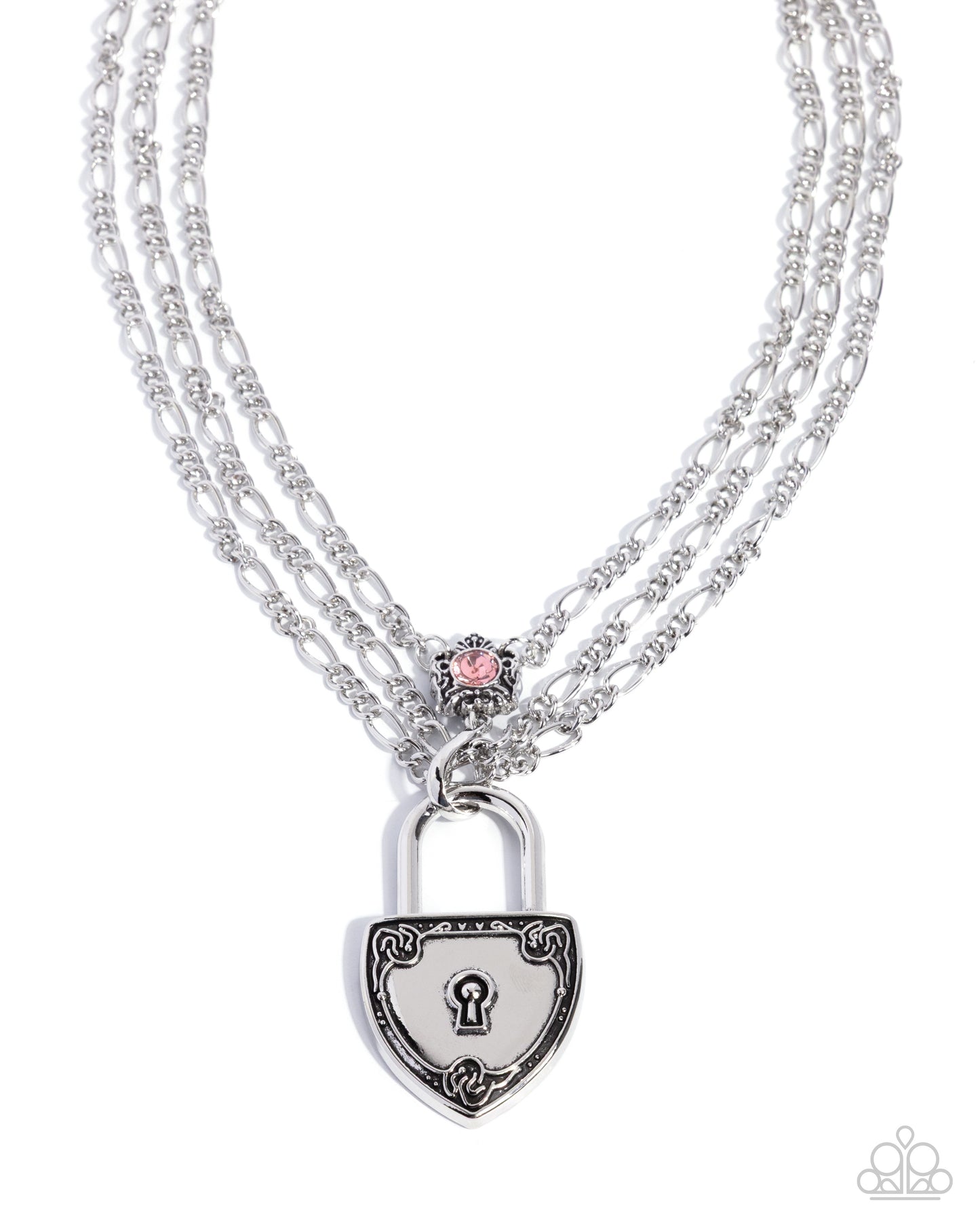 LOCK Show - Pink Rhinestone Silver Padlock Layered Chain Necklace - Paparazzi Accessories