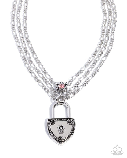 LOCK Show - Pink Rhinestone Silver Padlock Layered Chain Necklace - Paparazzi Accessories