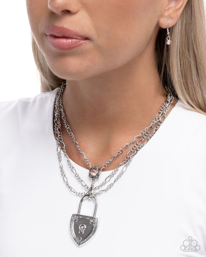 LOCK Show - Pink Rhinestone Silver Padlock Layered Chain Necklace - Paparazzi Accessories