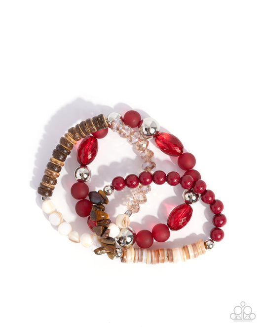 Seasonal Stretch - Red Acrylic Beads, Brown Tiger's Eye Stone & Wooden Beads Stretchy Bracelets - Paparazzi Accessories