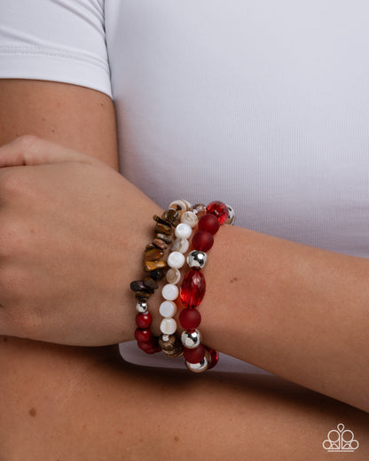 Seasonal Stretch - Red Acrylic Beads, Brown Tiger's Eye Stone & Wooden Beads Stretchy Bracelets - Paparazzi Accessories