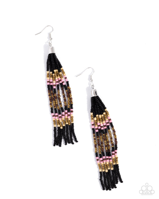 Stunning Strands - Black, Pink, Brass Seed Bead Silver Fishhook Earrings - Paparazzi Accessories