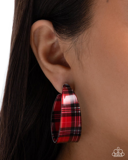 Fabulous Flannel - Red Flannel Print Acrylic Hoop Earrings - Paparazzi Accessories
